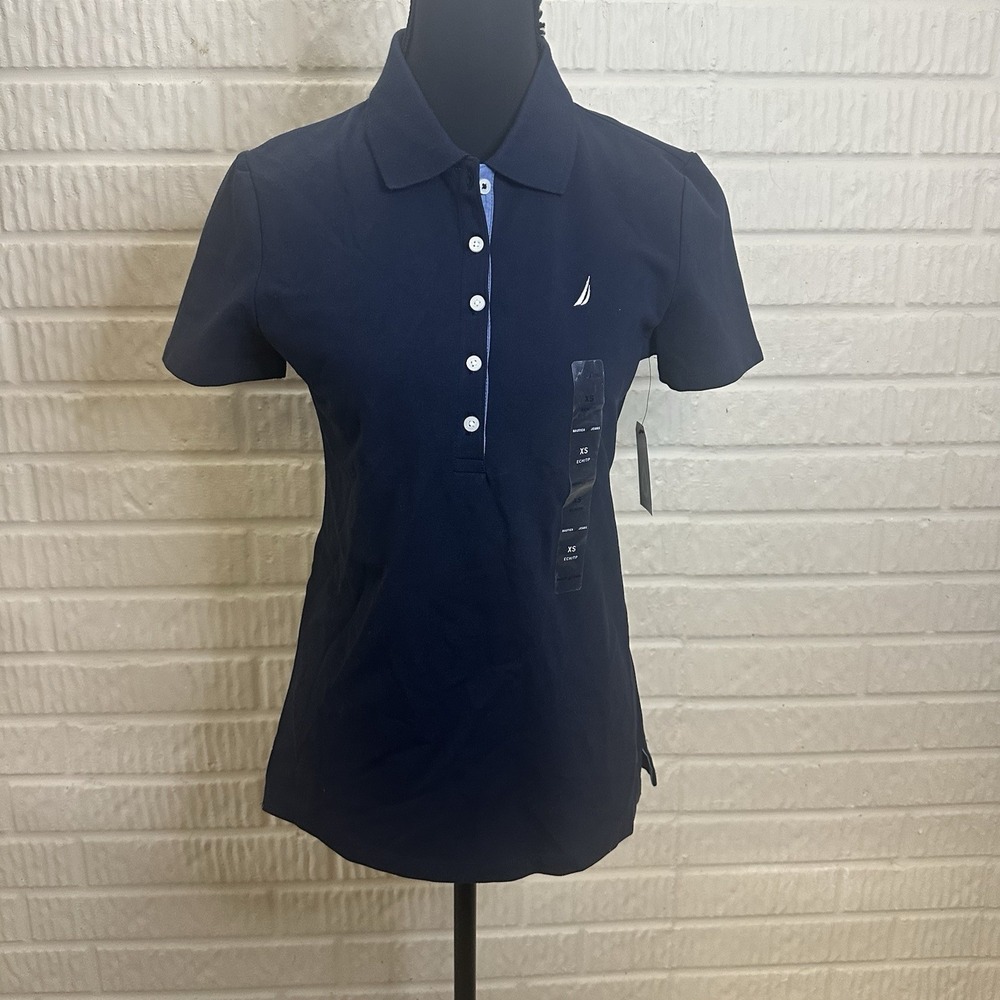 NWT Nautica Women's 5-Button Short Sleeve Cotton Polo Shirt Sz XS Navy School